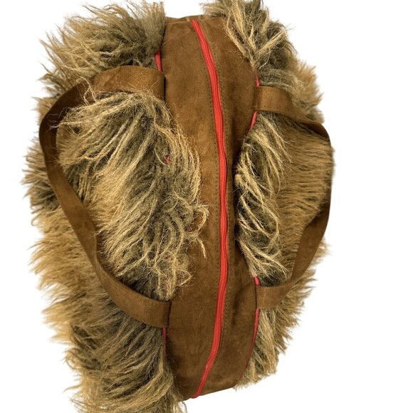 Atenti Brown Faux Fur Shag Weekender Overnight Travel Bag Red Trim Vintage - Picture 6 of 13